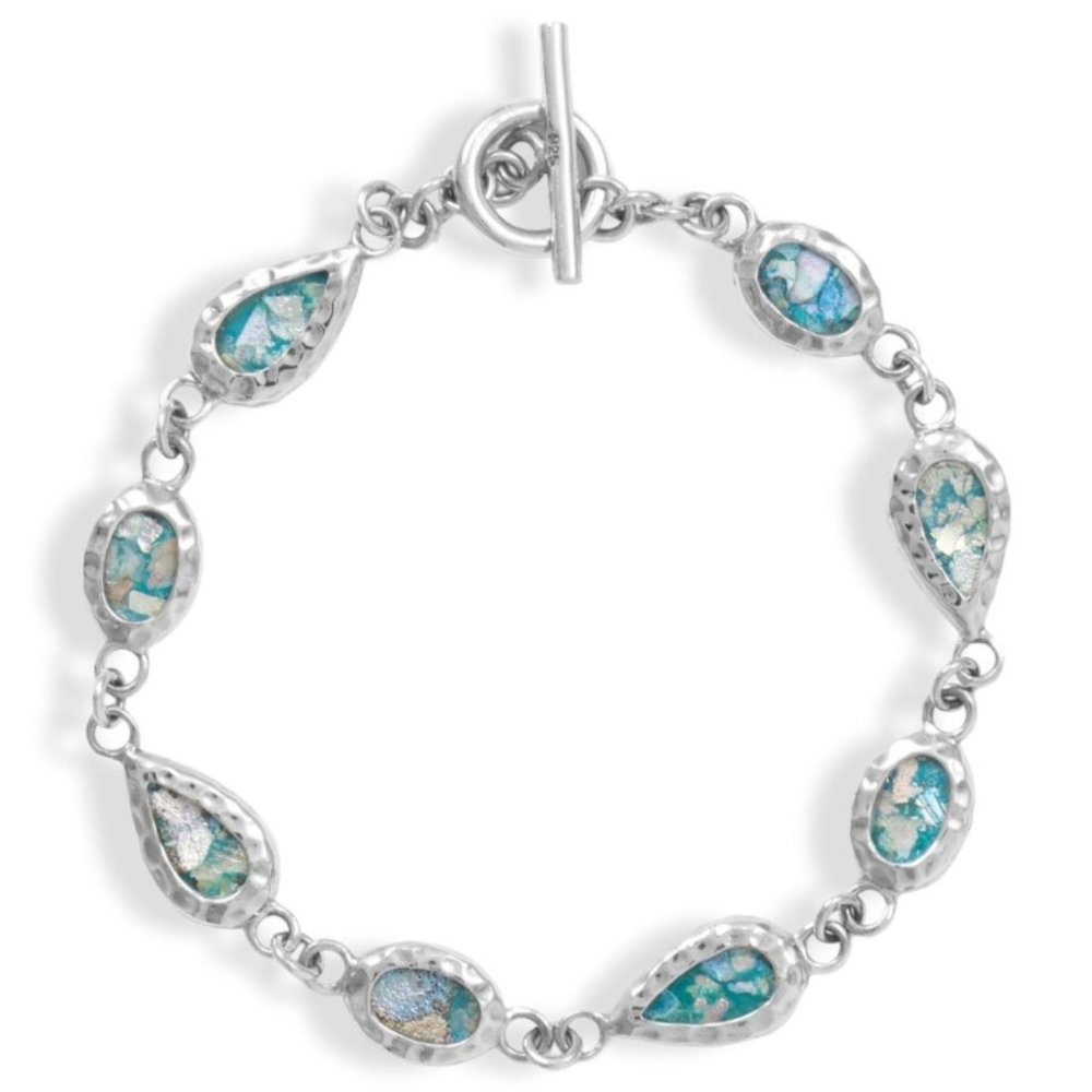 .925 Sterling Silver 7.5" Oxidized Pear and Oval Roman Glass Toggle Bracelet